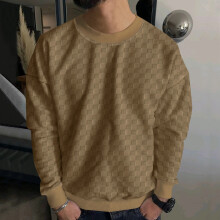 (Khaki, XXL) Schwerer Herren-Jacquard-Pullover mit Schachbrettmuster und Rundhalsausschnitt