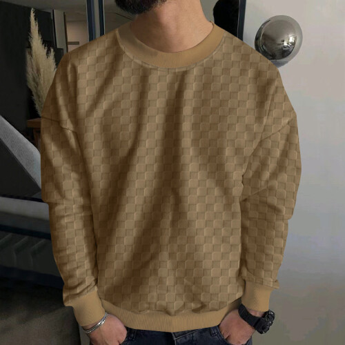 (Khaki, XL) Schwerer Herren-Jacquard-Pullover mit Schachbrettmuster und Rundhalsausschnitt