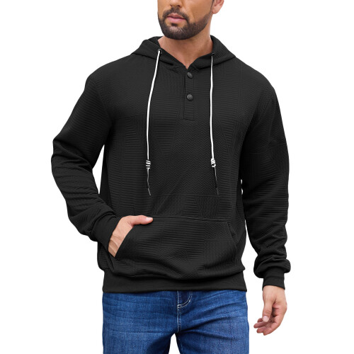 (black, S) Men's Solid Jacquard Hooded Half-Zip Sweatshirt