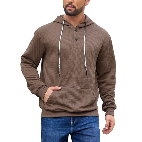 (coffee brown, L) Men's Solid Jacquard Hooded Half-Zip Sweatshirt