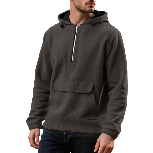 (coffee brown, M) Half-Zip Thickened Hoodie with Patch Pockets