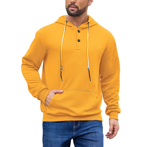 (yellow, XL) Men's Solid Jacquard Hooded Half-Zip Sweatshirt