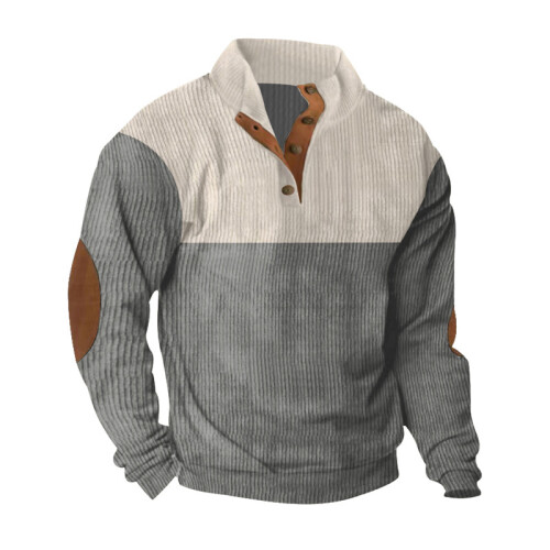 (grey, L) Plus Size Men's Corduroy Stand Collar Color Block Sweatshirt