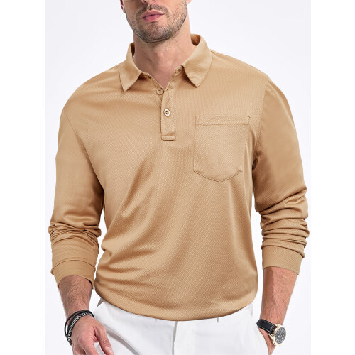 (Khaki, M) Men's Casual Loose Long Sleeve Mesh Collar Button-Down Solid Shirt