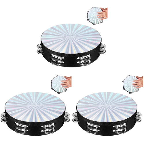 3Pièces Tambourine Double Rangée Percussion Main Bois Multi Couleur 2