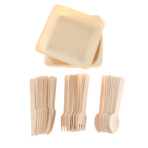 96Pièces Jetable Bois Beige Kit Camping Assiettes Couverts 1