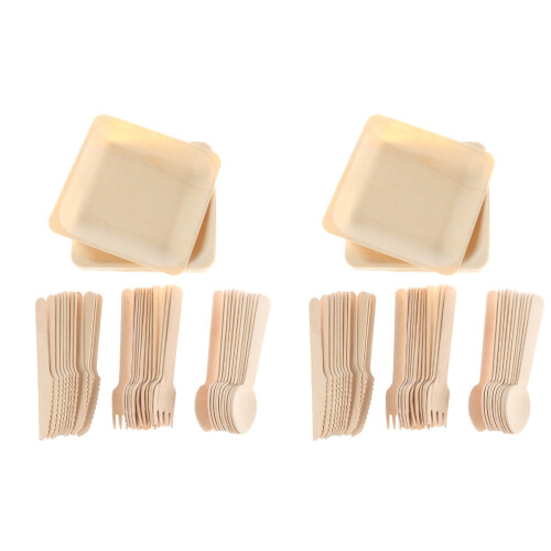 96Pièces Jetable Bois Beige Kit Camping Assiettes Couverts 2