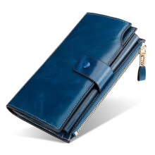 Women's Genuine Leather Wallet, Large Capacity, RFID Blocking, Long Zipper Closure - Blue