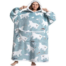 Adult Extra Long Fleece Blanket Sofa Blanket with Sleeves for Women and Men with Pockets - White Bear on Blue