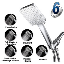 Shower Head with 1.5M Hose, Universal Adjustable Replacement Square Shower Head with Pressure Control, 6 Shower Modes