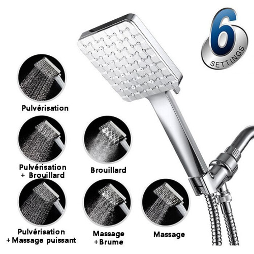 Shower Head with 1.5M Hose, Universal Adjustable Replacement Square Shower Head with Pressure Control, 6 Shower Modes