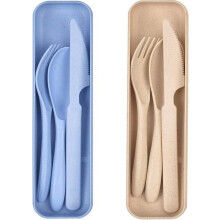 Travel cutlery set with case, set of 2 reusable plastic cutlery pieces, forks, spoons, camping cutlery
