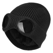 Warme en zachte gebreide wintermuts, multifunctionele thermische muts met ingebouwde bril, one size fits all, zwart