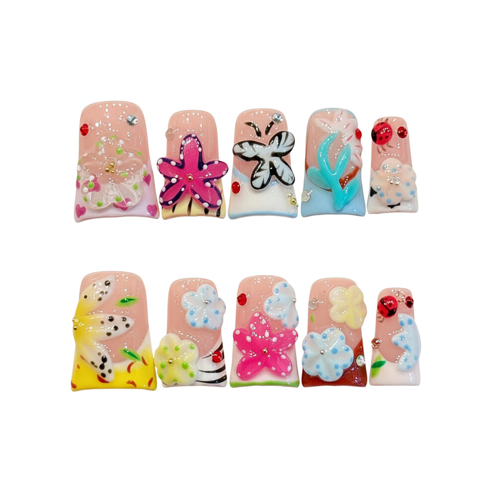 Hue-Grain (Xs) 10Pcs French Tip False Nails Floral Butterfly Party