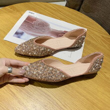 (Pink flowerless, 36) Women\'s Retro Bow Flat Shoes Rhinestone Pointed Toe