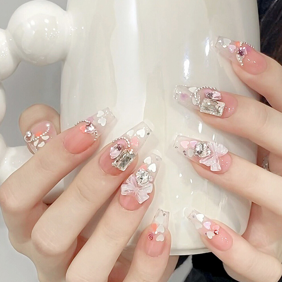 Bright-Home (S) Gentle Pink Fake Nails With Rhinestone Long Lasting Safe Material Waterproof False Nails For Stage Performance Wear