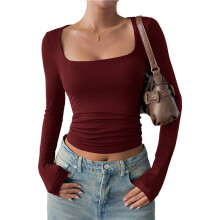Women Long Sleeve T Shirts Scoop Neck Slim Fit Going Out Tops Basic Tee Wine Red M