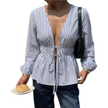 Women Casual Striped Blouses Long Sleeve Button Down Loose Fit Tops Stripes M