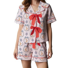 (S, Multicolor) 2Pcs Easter Pajamas Sets for Women Short Sleeve Lapel V Neck Bunny Wreath Print Tops and Elastic Waist Shorts