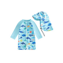 (12-18 Months, Sky Blue) Boys Rash Guard Swimsuit Set Shark Turtle Print Long Sleeve Mock Neck Zipper Romper with Hat 2 Pcs Set