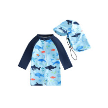 (2-3 Years, Blue) Boys Rash Guard Swimsuit Set Shark Turtle Print Long Sleeve Mock Neck Zipper Romper with Hat 2 Pcs Set