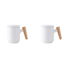 2X Keramik-Teetasse mit Deckel und Filter, Großes Fassungsvermögen, Holzgriff, Kaffeetasse, Tee-Wasser-Trennung, Teetasse