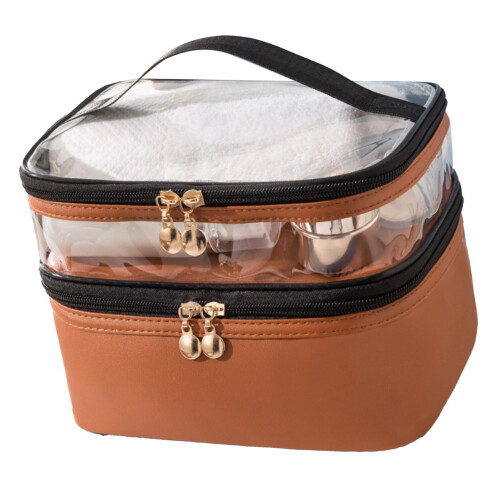 Double Layer Makeup Bag 23x7x16 cm Brown PU/PVC