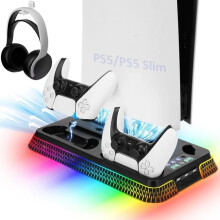 PS5-standaard voor PS5 en PS5 Slim, met dubbele controllerkoeling en laadstation, koeling met 3 ventilatoren