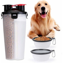 ODIPIE 2-in-1 draagbare waterfles met 2 opvouwbare voerbakken voor honden en katten - reiswaterdispenser