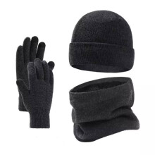 Modieuze zwarte en donkergrijze mutsset met nekwarmer en handschoenen