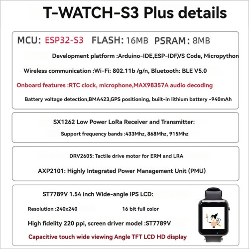 T-Watch-S3  Programmable Touchable Watch ESP32-S3 with GPS LoRa Programmable Development Watch 433MHz 2