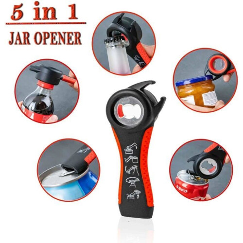 Red Bottle Opener, 5 in 1 Multi-Function Jar Opener, Kitchen Utensil Bottle Opener, Suitable for Weak Hands 2