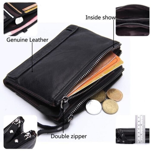 Faltbare Herren-Lederbrieftasche mit Doppelreißverschluss (Schwarz) 1