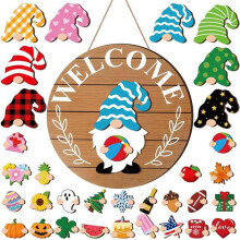 Interchangeable Wooden Gnome Welcome Sign Interchangeable Wooden Seasonal Sign Holiday Decor with Magnet Pieces B