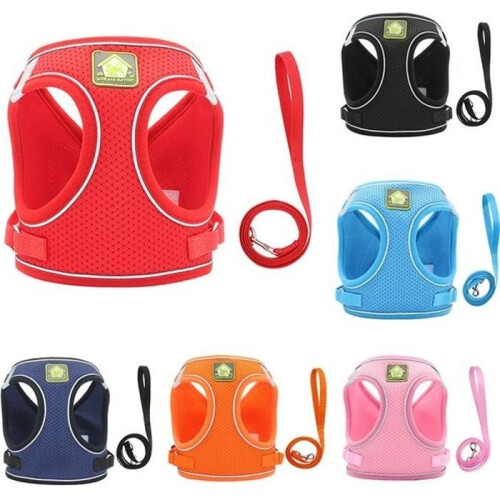 Nylon mesh cat harness, reflective dog harness and leash, for walking, M, pink