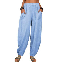 Women's Wide Leg Linen Trousers - PANTS - Flowy Casual Lightweight Harem Pants - Blue - Plus Size