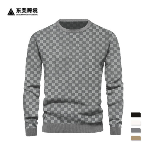 (White, L) Schwerer Herren-Jacquard-Pullover mit Schachbrettmuster und Rundhalsausschnitt 2
