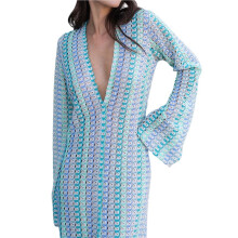 Womens Crochet Bell Long Sleeve V Neck Loose Maxi Dress Boho Eyelet Long Sundresses with Slit Sky S