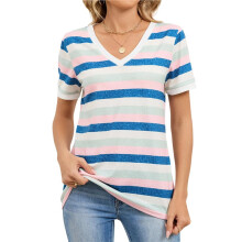 T-Shirts à Manches Courtes et Col en V pour Femmes - Hauts D'Été Décontractés et Amples - Tendance Du Moment Bleu S