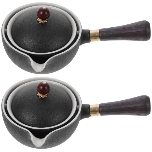 2Pcs Ceramic Heating Kettle Black Filter Tea Pot Long Handle Design 1