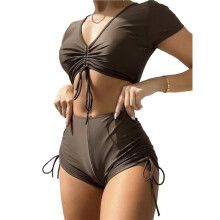 Women'S 2 Pieces Swimsuits Crisscross Bikini Top Tummy Control Side Tie Boyshorts Brown M