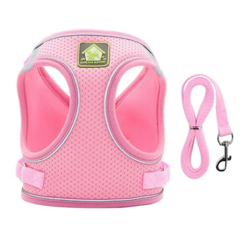 Nylon mesh cat harness, reflective dog harness and leash, for walking, M, pink 1