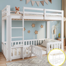 (3ft Bunk Bed, White) Bed with Fences and Door, Children's Bed with Fall Protection and Railings, Solid Wood