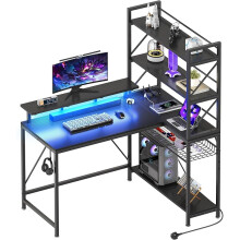 L Shaped Gaming Desk with Power Outlets & LED Lights Corner Desk with Shelves 120CM Reversible Computer Desk with Storage Shelves Gaming Desk