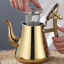 (Gold Plated, 1l) Stainless Steel Teapot with Strainer, Easy Clean, Ergonomic