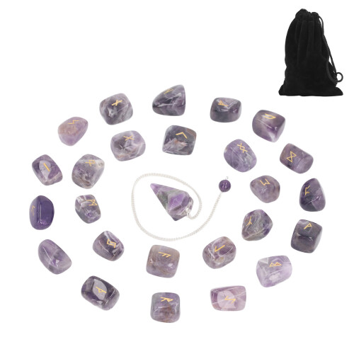25Pcs Rune Stones Amethyst Crystal Pendulum Bag 1