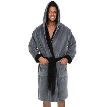 (Grey, 3XL) Kapuzenbademantel für Herren – warmer Fleece-Bademantel