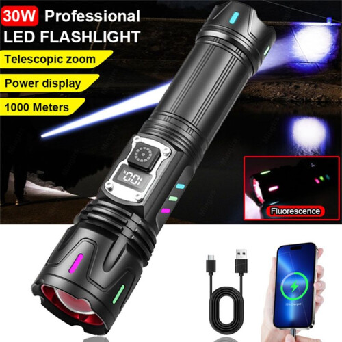 30W Flashlight Super Bright Rechargeable Flashlight Torch Flash Light Lamp for Outdoor Camping Hiking Emergency 1