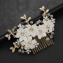 (Gold) Wedding Hair Clips with Beads & Flowers - 12 Teeth