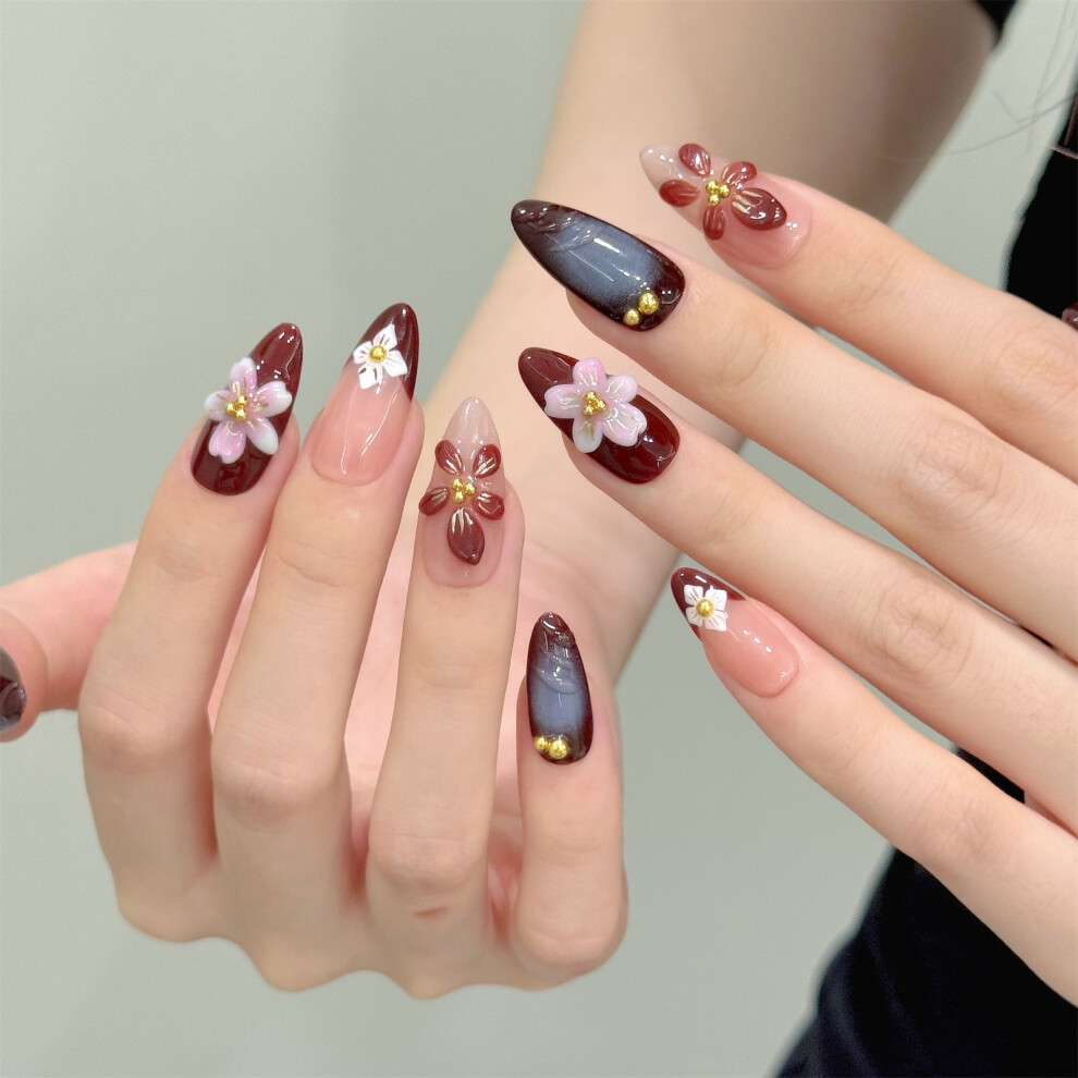 Dachuang Beauty (Xs) 10Pcs Flower Almond Fake Nails, Unbreakable Manicure